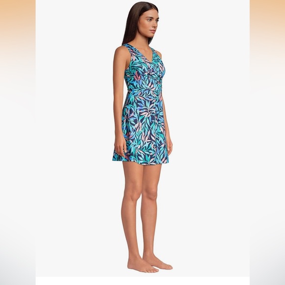 *Lands' End Multicolor Leaf Pattern Surplice Wrap Sleeveless Swim Dress